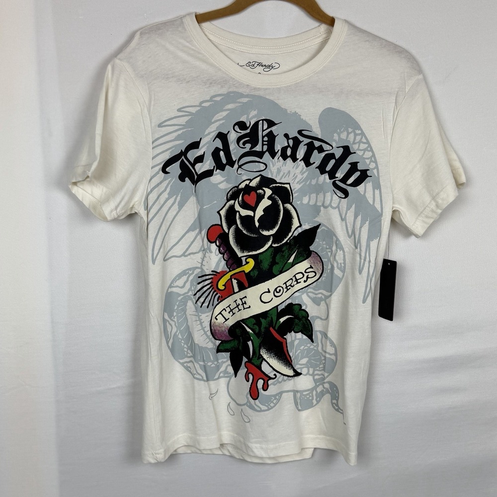 Ed Hardy Deh Corps Graphic Tee Small Ivory Rose Skull Wings Y2K NWT